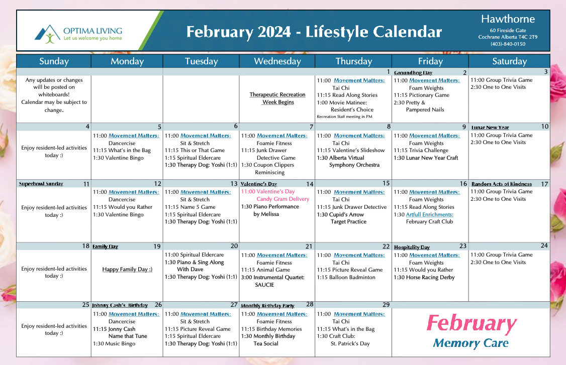 Hawthorne February 2024 Memory Care event calendar