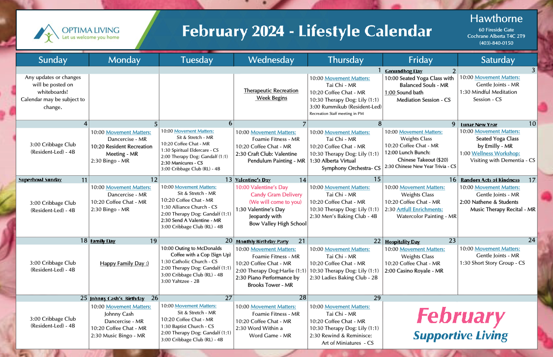 Hawthorne February 2024 Supportive Living event calendar