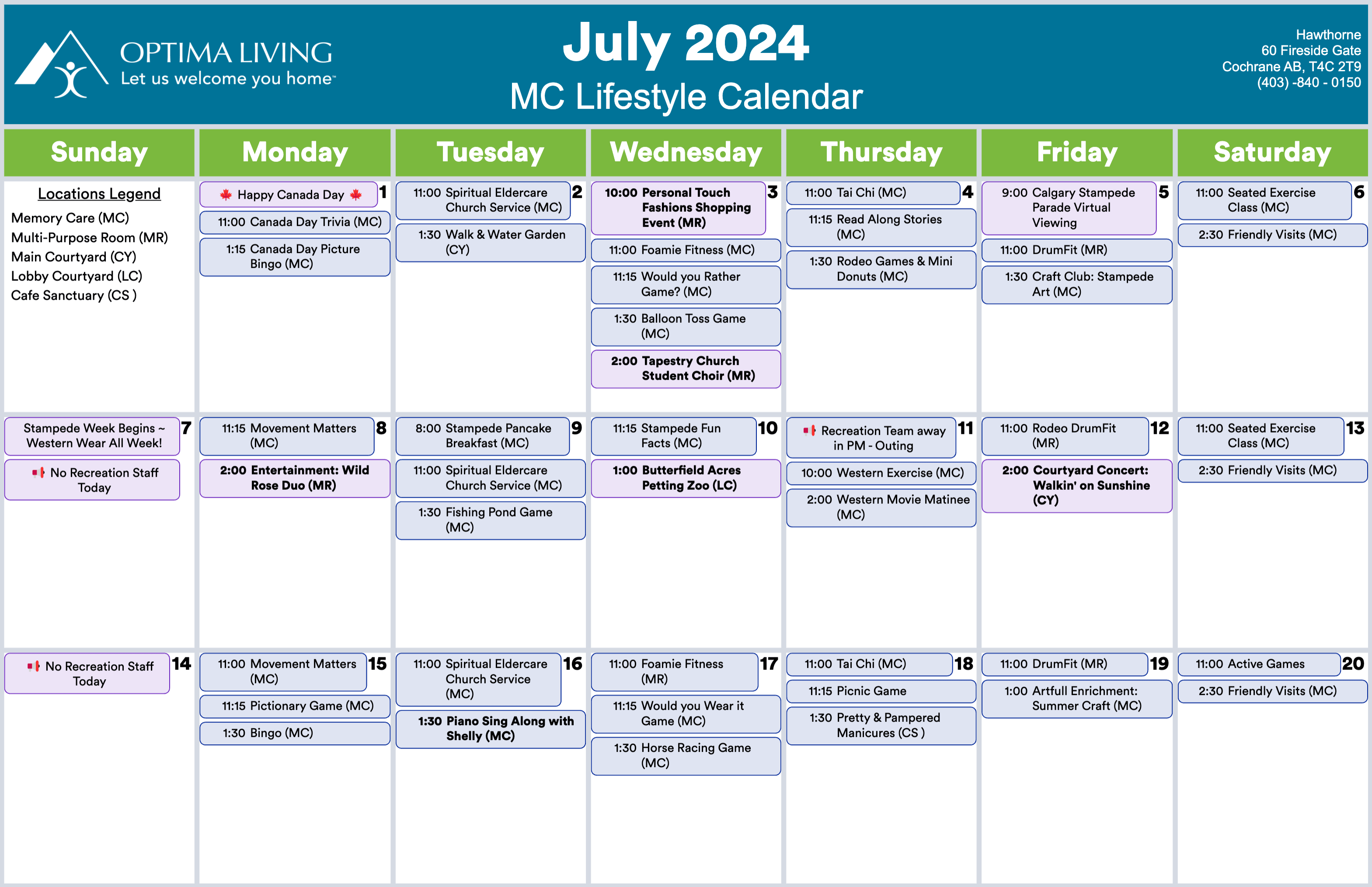 Hawthorne July 1 - 20 2024 Memory Care event calendar