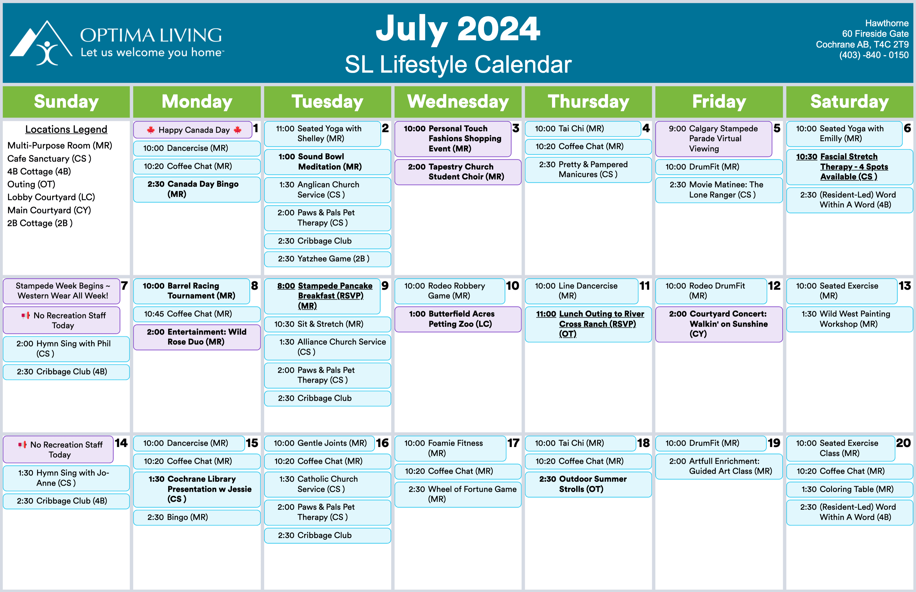 Hawthorne July 1 - 20 2024 Supportive Living event calendar