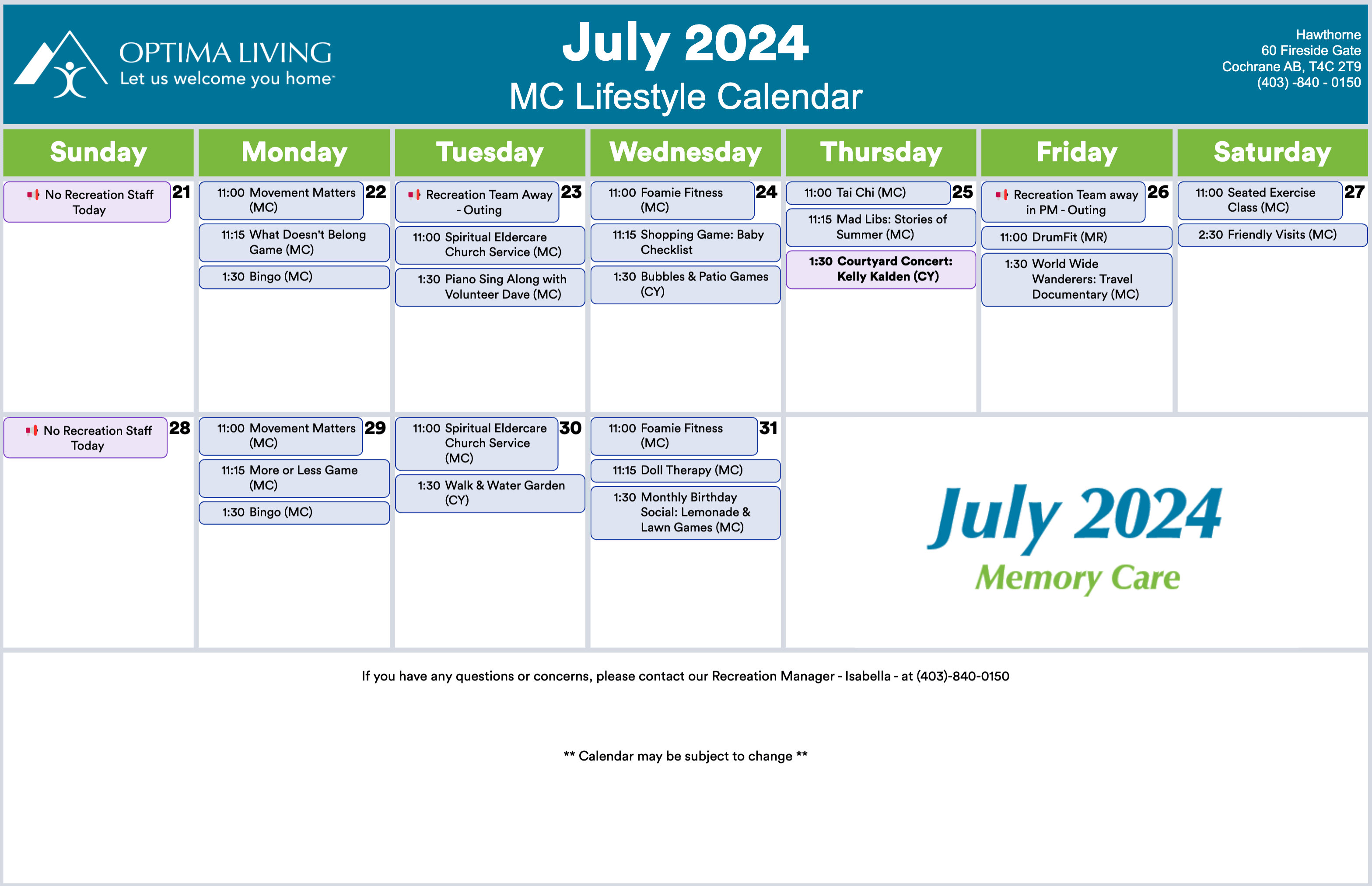 Hawthorne July 21 - 31 2024 Memory Care event calendar