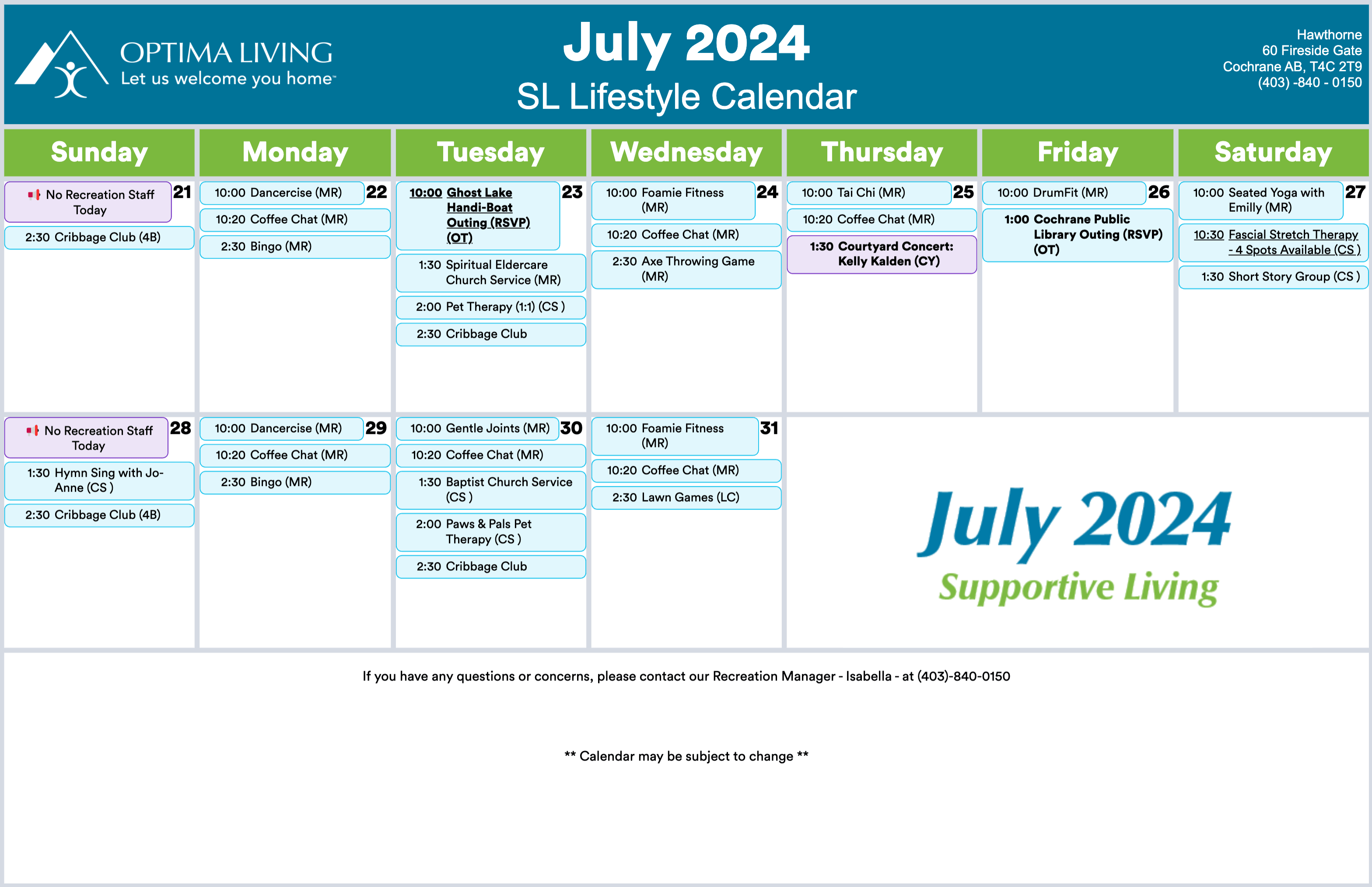 Hawthorne July 21 - 31 2024 Supportive Living event calendar