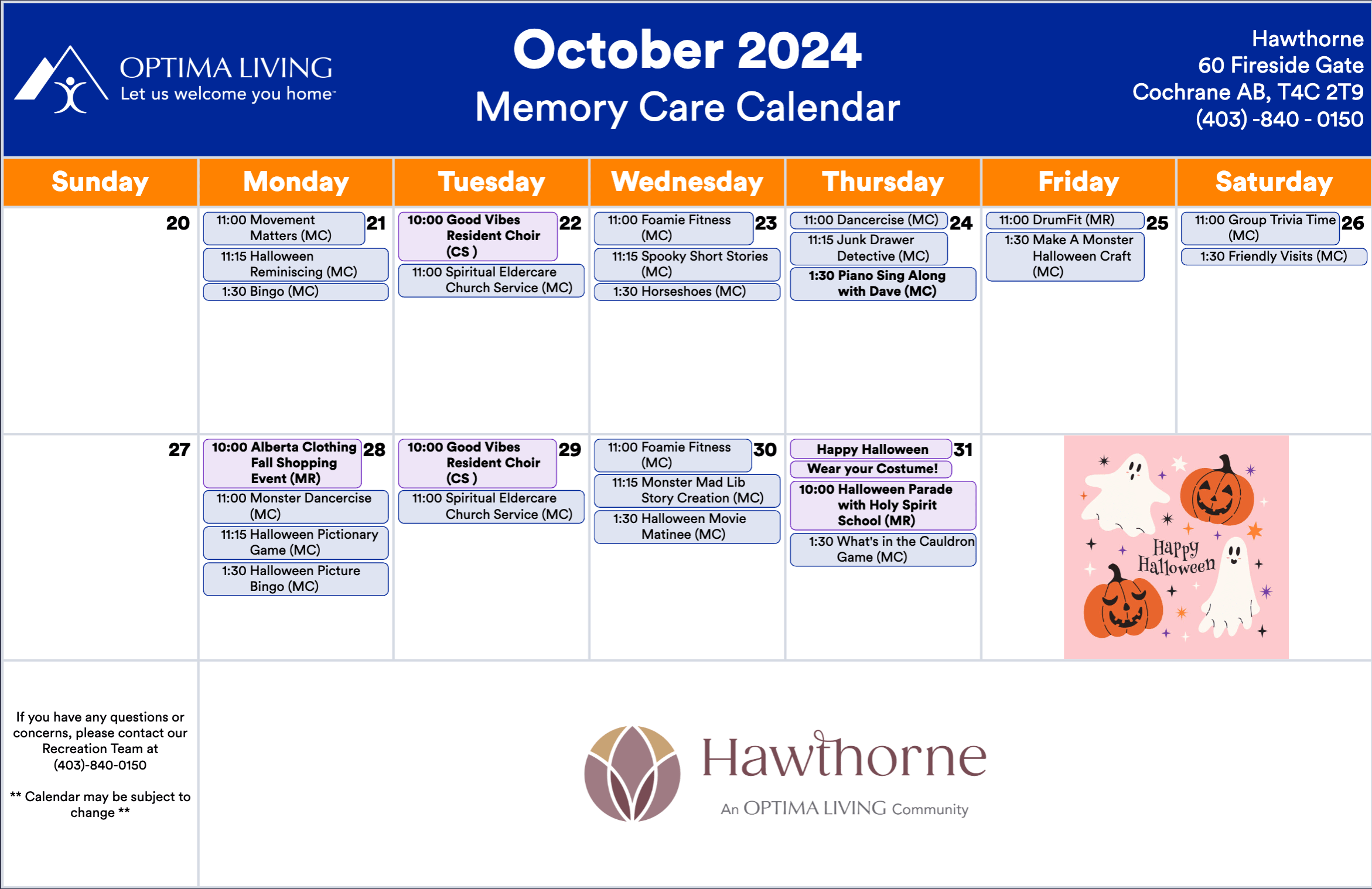 Hawthorne October 20 - 31 2024 MC event calendar