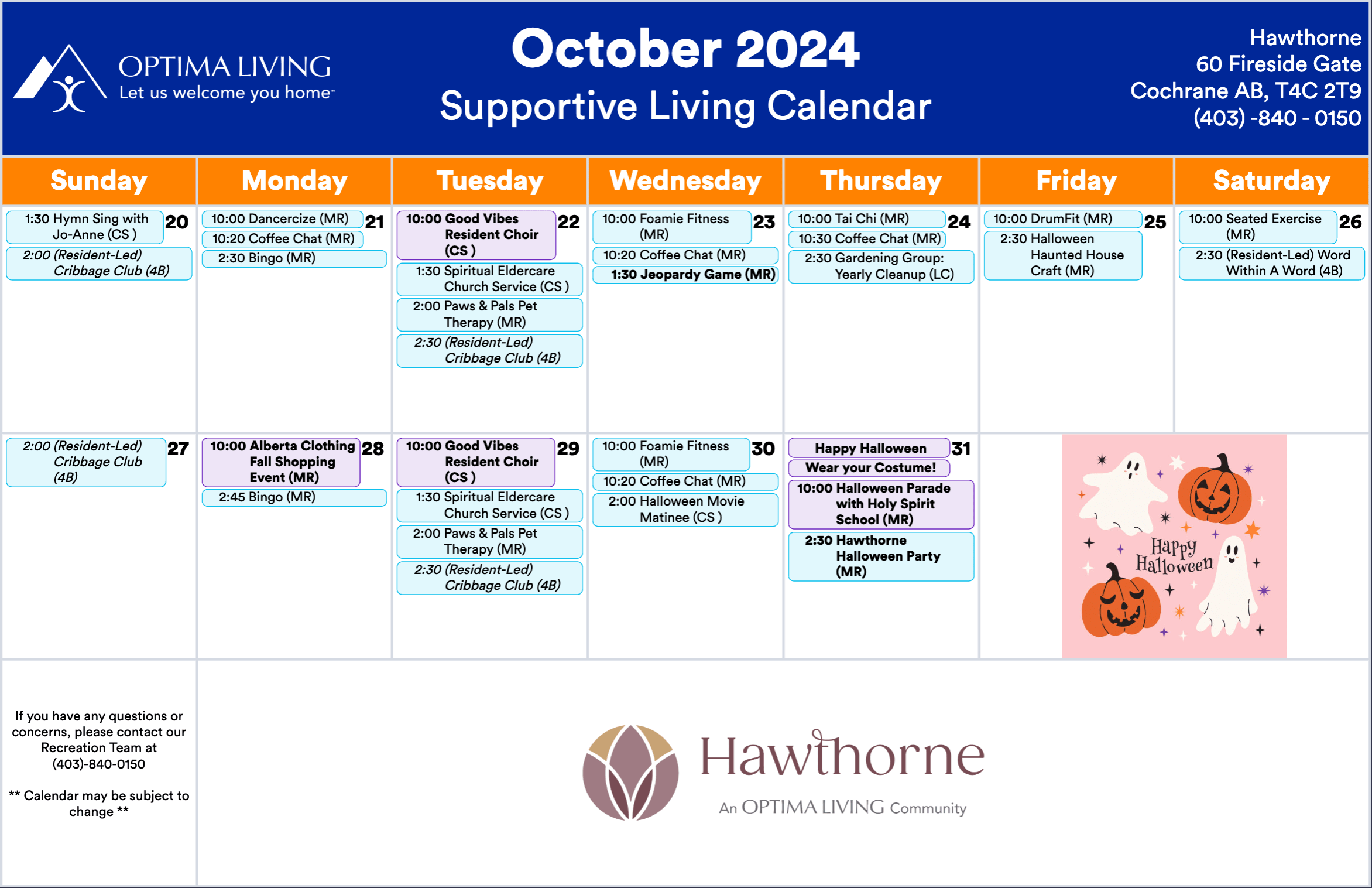 Hawthorne October 20 - 31 2024 SL event calendar